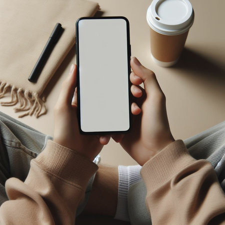Woman holding smartphone with blank screen. Mockup image of female hands holding mobile phone.の素材