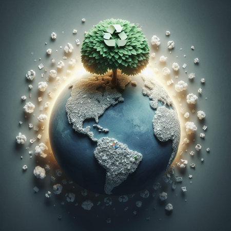 Ecology concept with globe and green tree on it. 3D renderingの素材