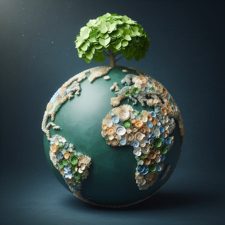 Planet Earth with green tree made of paper flowers and leaves. Ecology conceptの素材