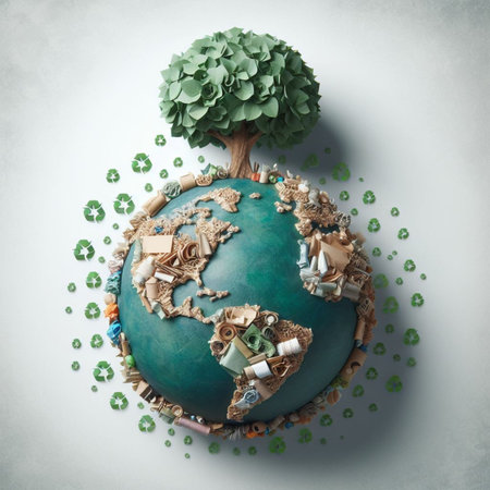 Ecology concept. Earth globe with tree made of paper and recycling symbolの素材