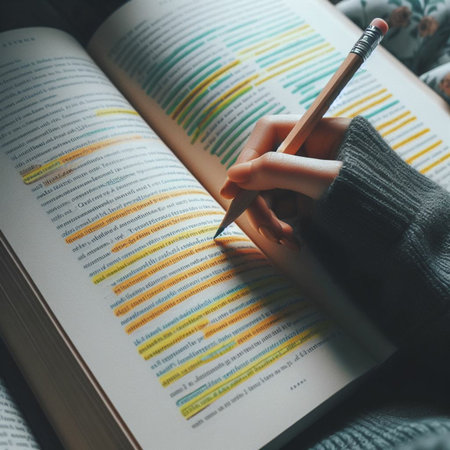 Close-up of female hands with pencil writing on a book.の素材