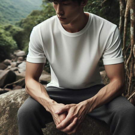 young asian man sitting on the rock in the jungle, lifestyle conceptの素材