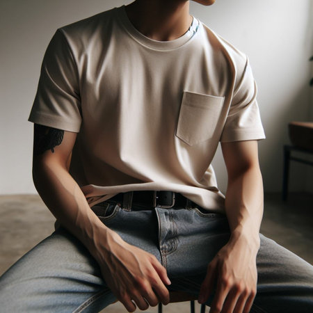 Close-up of a young man in a white T-shirt and blue jeansの素材