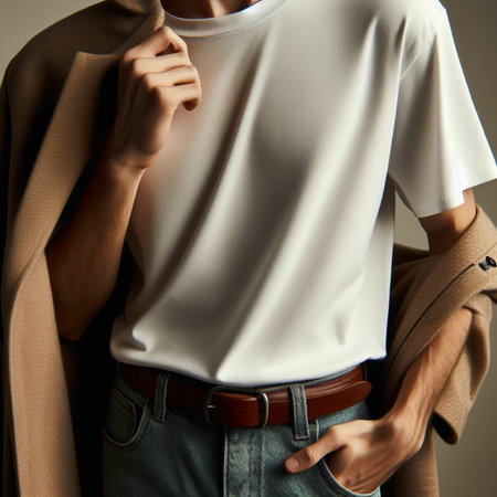 Man in a beige T-shirt and blue jeans with a beltの素材