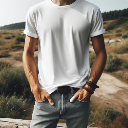 Handsome young man in white t-shirt and jeans posing on a mountain topの素材