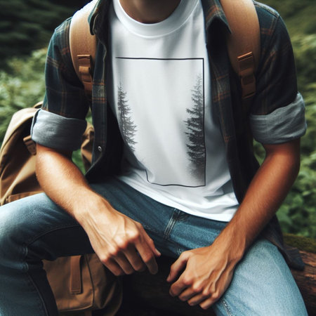 Young man with backpack sitting on a log in the forest. Close-up.の素材