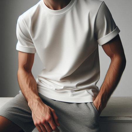 Man in blank white t-shirt. Mockup for design.の素材
