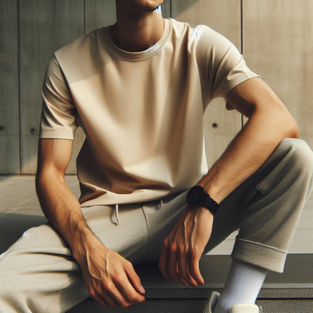Young man sitting on the floor in the room, wearing a beige t-shirtの素材