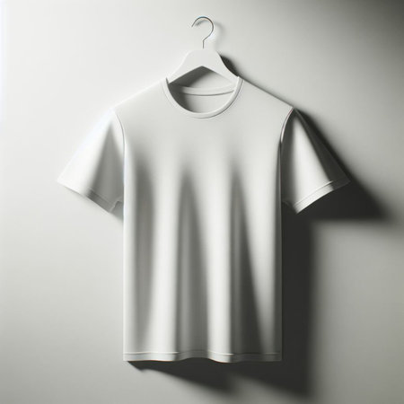 Blank white t-shirt hanging on wooden hanger. Mock up, 3D Renderingの素材