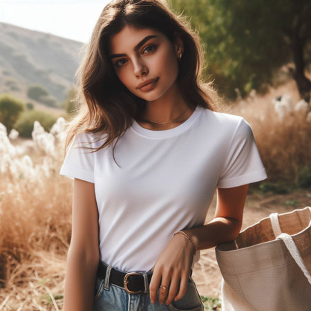 fashion outdoor photo of beautiful sensual woman with dark hair in elegant clothes posing in summer fieldの素材