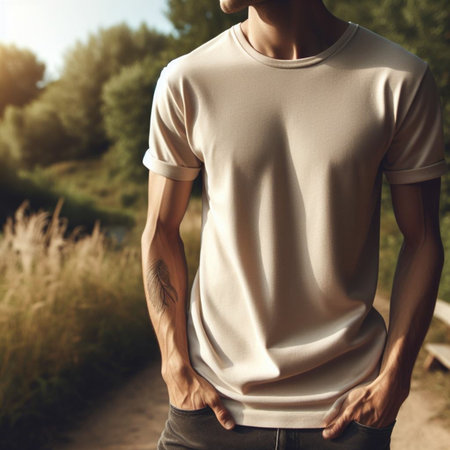 Man wearing blank white t-shirt. Mock up template for design.の素材