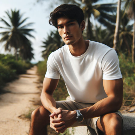Handsome young man in white t-shirt and shorts sitting on the road and looking at cameraの素材