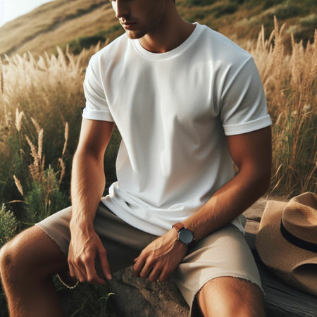 cropped view of young man in white t-shirt and shorts sitting on wooden bench in wheat fieldの素材