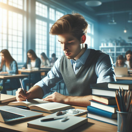 Serious young man writing in notebook while sitting at table in classroomの素材