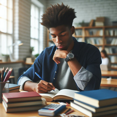 Portrait of young african american man writing in notebook while sitting at table in classroomの素材