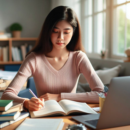 Young asian woman doing homework at home while sitting on sofa.の素材
