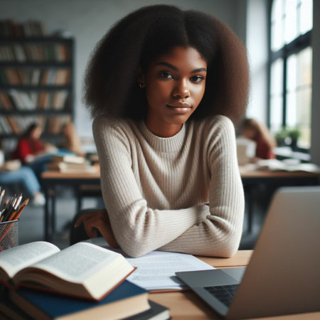 Young african american female student sitting at desk with laptop and books.の素材