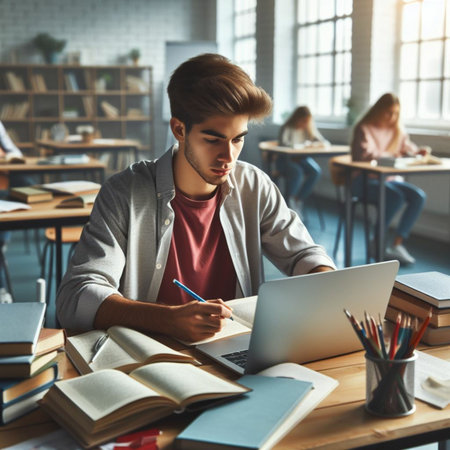 Serious young man working on laptop while sitting at table in classroomの素材