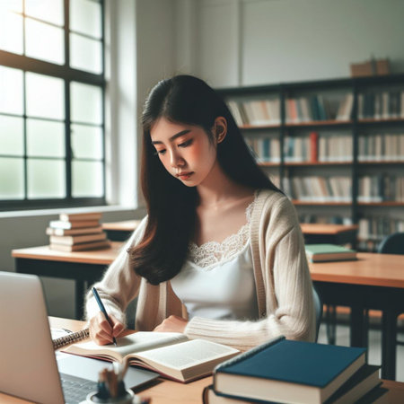 Beautiful asian woman studying in library, education and learning conceptの素材