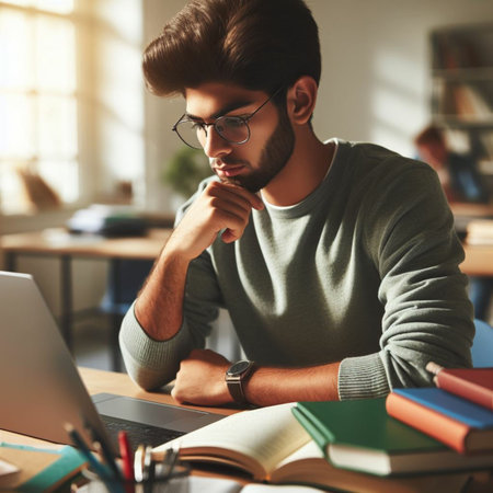 Young man in eyeglasses using laptop while sitting at desk in officeの素材