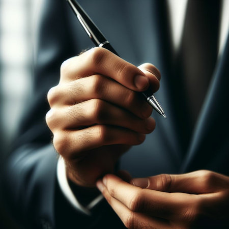 businessman hand with pen on dark background, close-up shotの素材