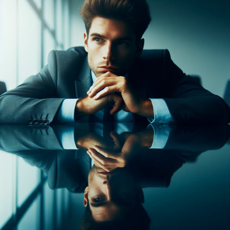 Portrait of a young businessman sitting at his desk in office.の素材
