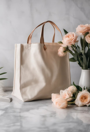 Stylish bag with flowers on table against grey wall. Mockup for designの素材