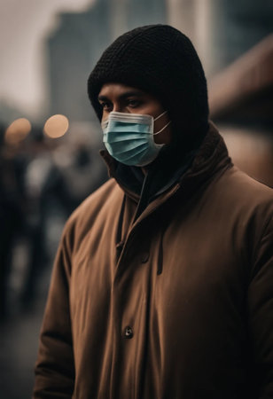 Young man wearing a face mask walking in the street during the coronavirus pandemic.の素材