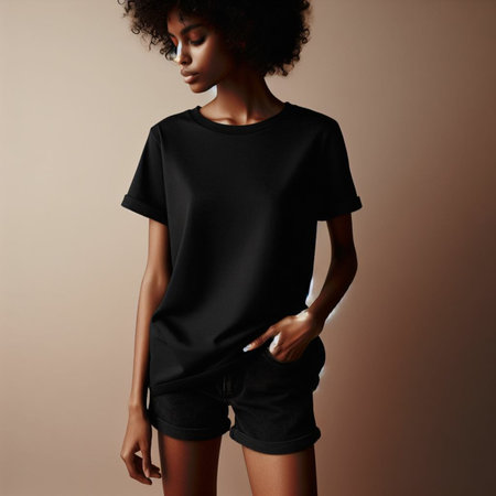 Fashion photo of young beautiful african american woman in black t-shirt.の素材