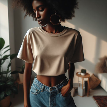 Fashionable african american woman in beige blouse.の素材
