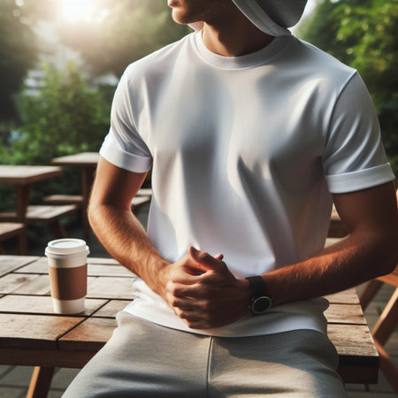 Cropped image of a young man in a white T-shirt sitting in a cafe and drinking coffee.の素材