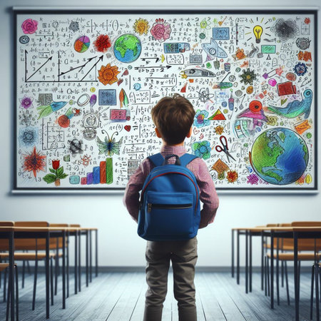 Back view of schoolboy looking at chalkboard in classroom. Back to school conceptの素材