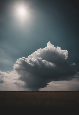 Dramatic dark stormy sky with big cumulus clouds over fieldの素材