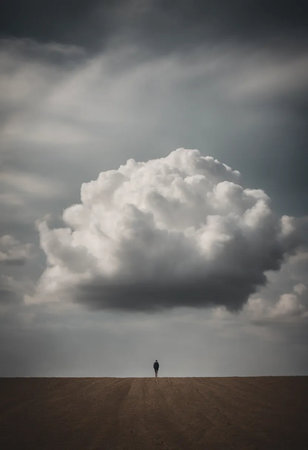 Dramatic stormy sky over a lone man standing in a fieldの素材