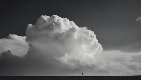 Dramatic black and white image of a man standing in the middle of a stormy skyの素材