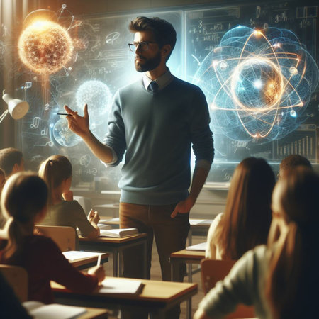 Back to school. Young teacher in eyeglasses standing in front of students and looking at the globeの素材