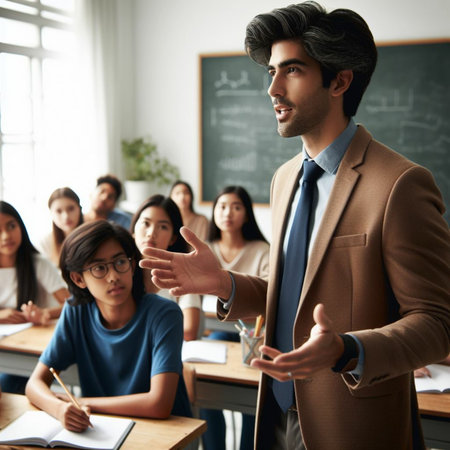 Confident young man standing in front of his colleagues in a classroomの素材