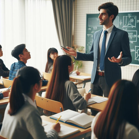 Young man in business suit standing in front of a group of people in a conference room.の素材