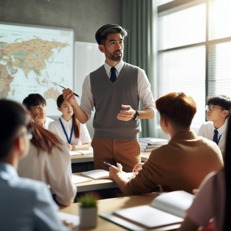 business, education and people concept - happy male teacher with group of students meeting in officeの素材