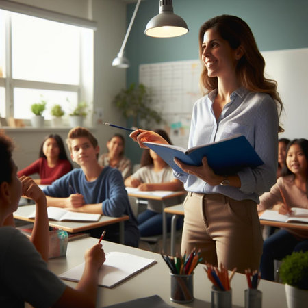Female teacher writing notes on clipboard in classroom during lesson. Education conceptの素材