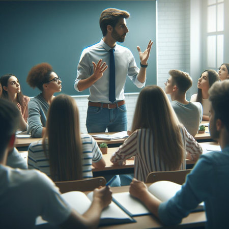 Businessman giving presentation to colleagues in conference room. Group of people listening to lecture. Business meeting conceptの素材