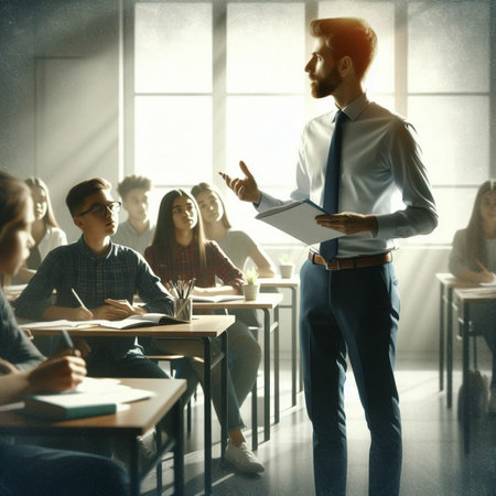 Young businessman standing in front of a group of people in the officeの素材