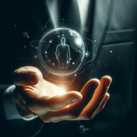 Businessman on blurred background holding 3D rendering globe in his handの素材