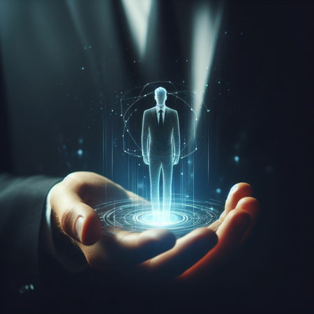 Businessman holding hologram human figure in his hand. Technology and innovation conceptの素材