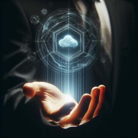Close up of businessman holding in hand cloud computing hologram. 3D renderingの素材