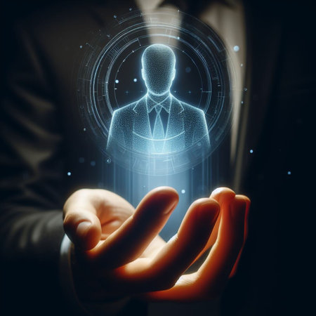 Close up of businessman holding virtual hologram with human figure in palmの素材