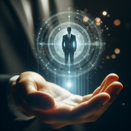 businessman with financial symbols coming out of his hand on dark backgroundの素材