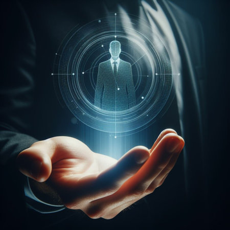 Businessman holding digital business hologram in his hand. 3D renderingの素材