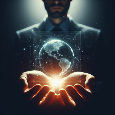 Businessman holding digital planet earth in his hands. 3D renderingの素材