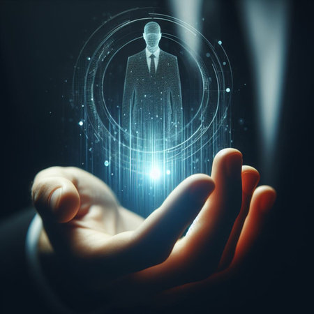 Businessman on dark background using digital network hologram 3D renderingの素材